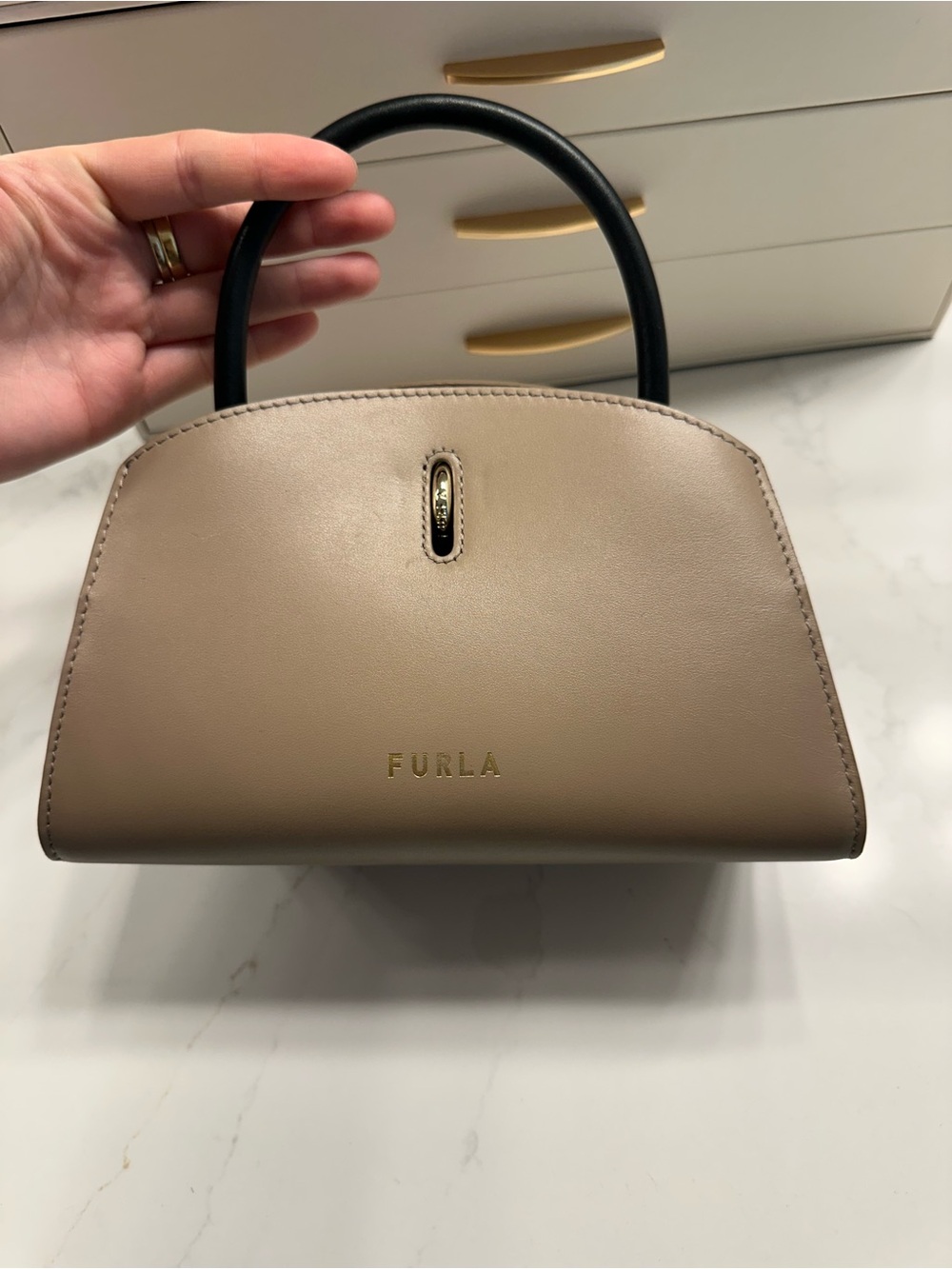 Furla Taupe Satchel with Black Top Handle